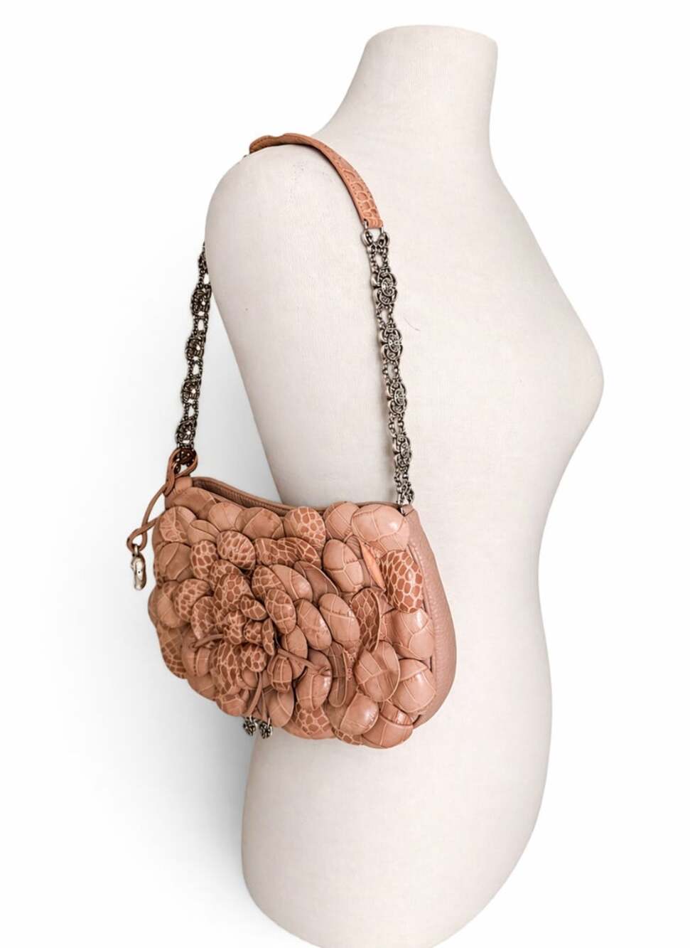 Brighton Rosalie Pink Leather 3D Flower Petal Shoulder Bag Silver Chain